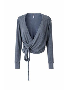 Free People Wrap Sweater Top Size Large V Neck Long Sleeve Fringe Trim Relaxed